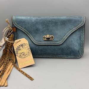 Catchfly Studio Bohemian Blue Brown vegan Leather Clutch Wristlet leopard tassel